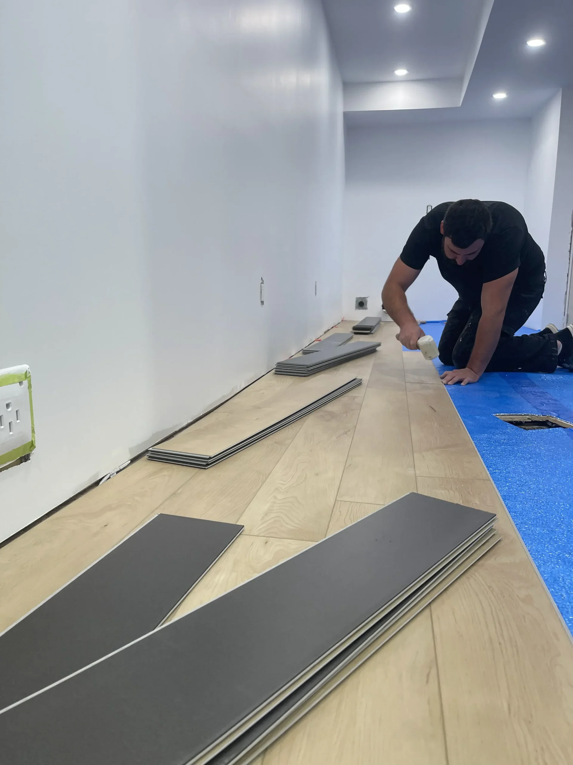 Basement flooring installation in progress