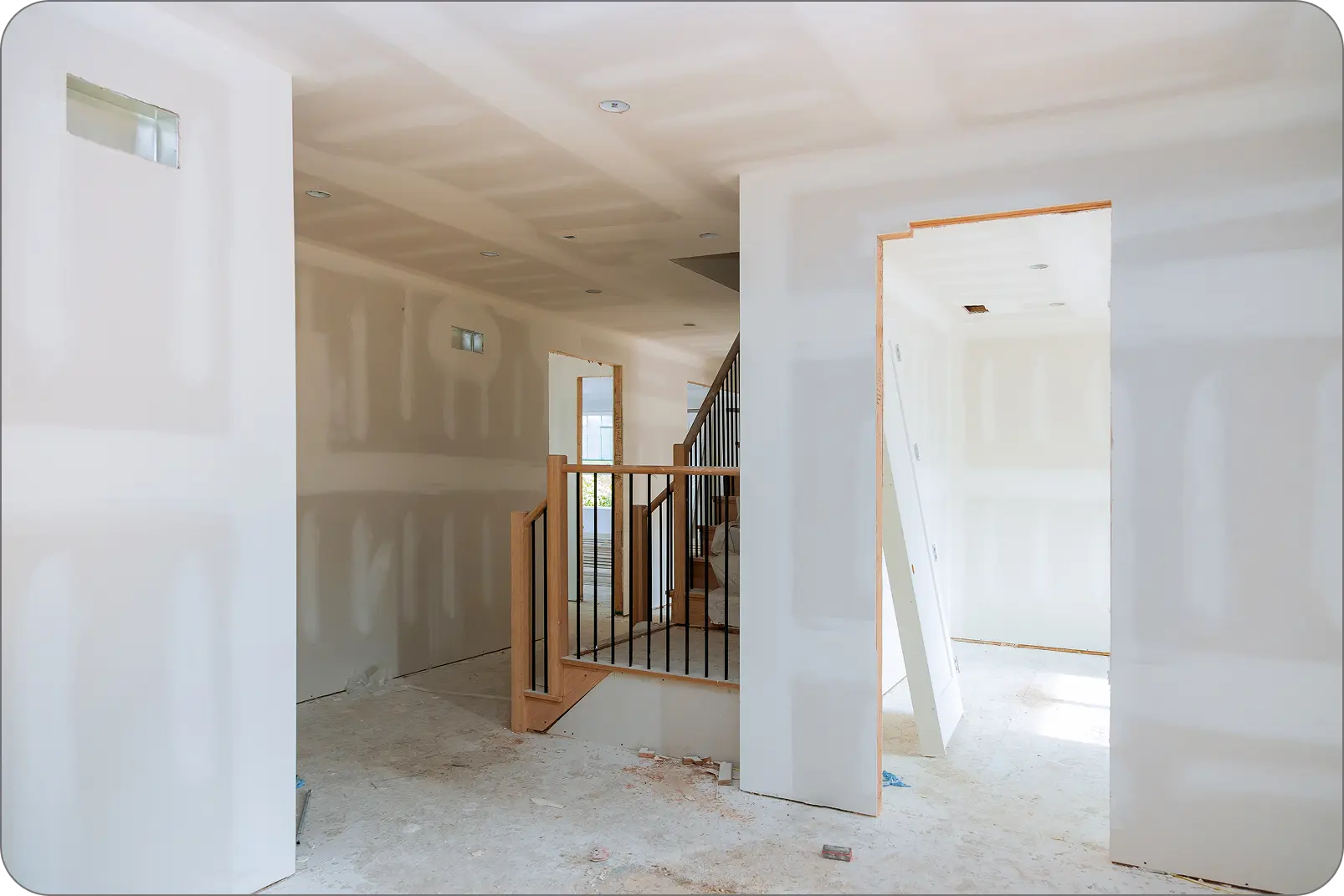 second floor corridor of the house with finished drywall